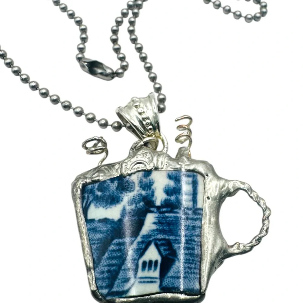Churchill Blue Willow China Latte Pendant with Artisan Crafted Bezel